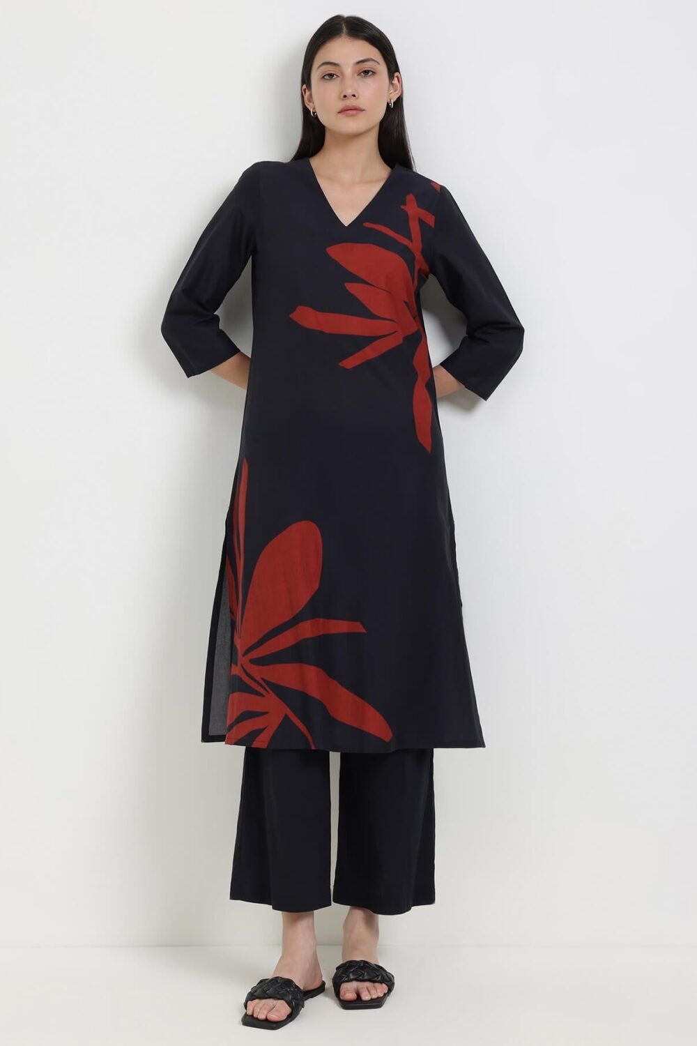 Cotton Floral A-Line Kurta Set - Black & Red