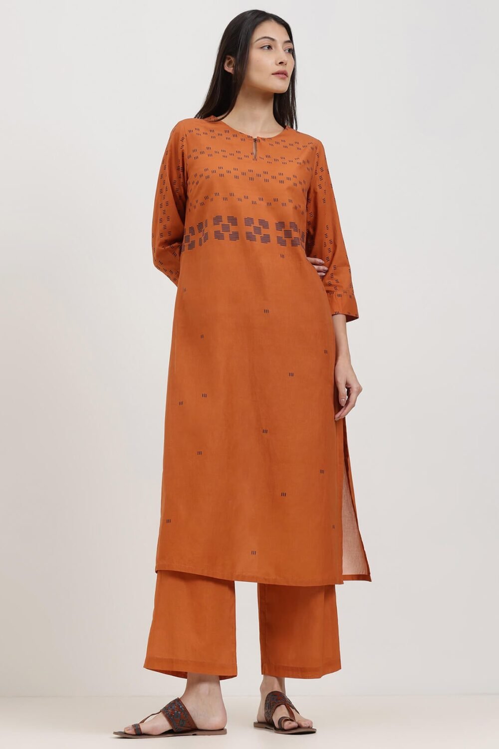 Cotton Geometric Print Kurta Set - Orange