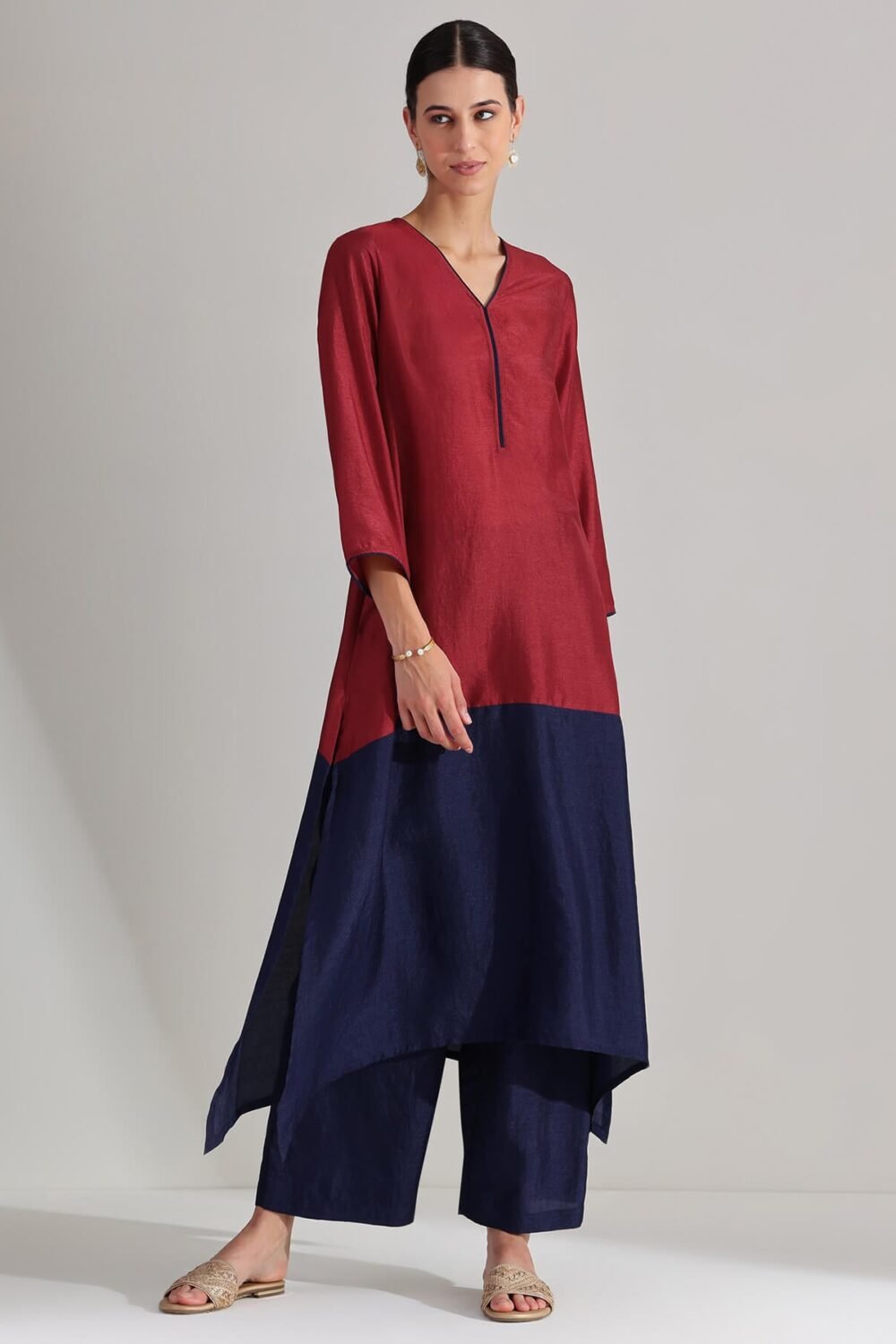 Silk Blend Colourblock Kurta Set - Red & Blue