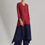 Silk Blend Colourblock Kurta Set - Red & Blue