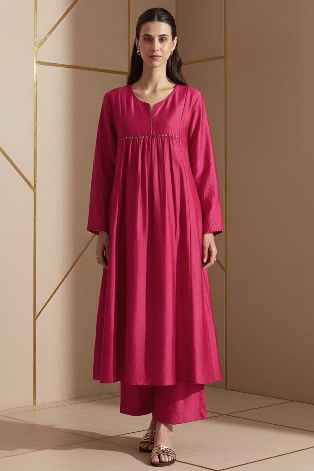 Silk Blend Solid A-Line Kurta Set - Fuchsia