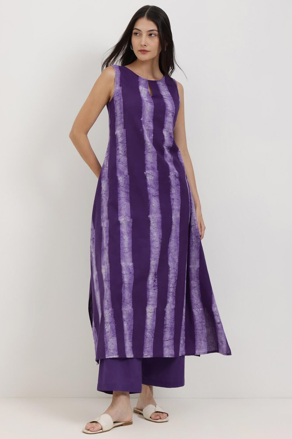 Cotton Dabu Striped Asymmetric Kurta Set - Purple