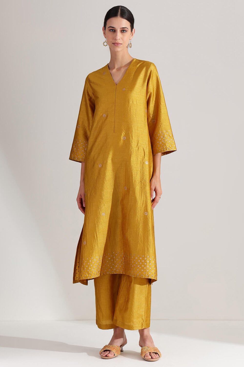 Silk Blend Polka Print A-Line Kurta Set - Mustard