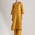 Silk Blend Polka Print A-Line Kurta Set - Mustard