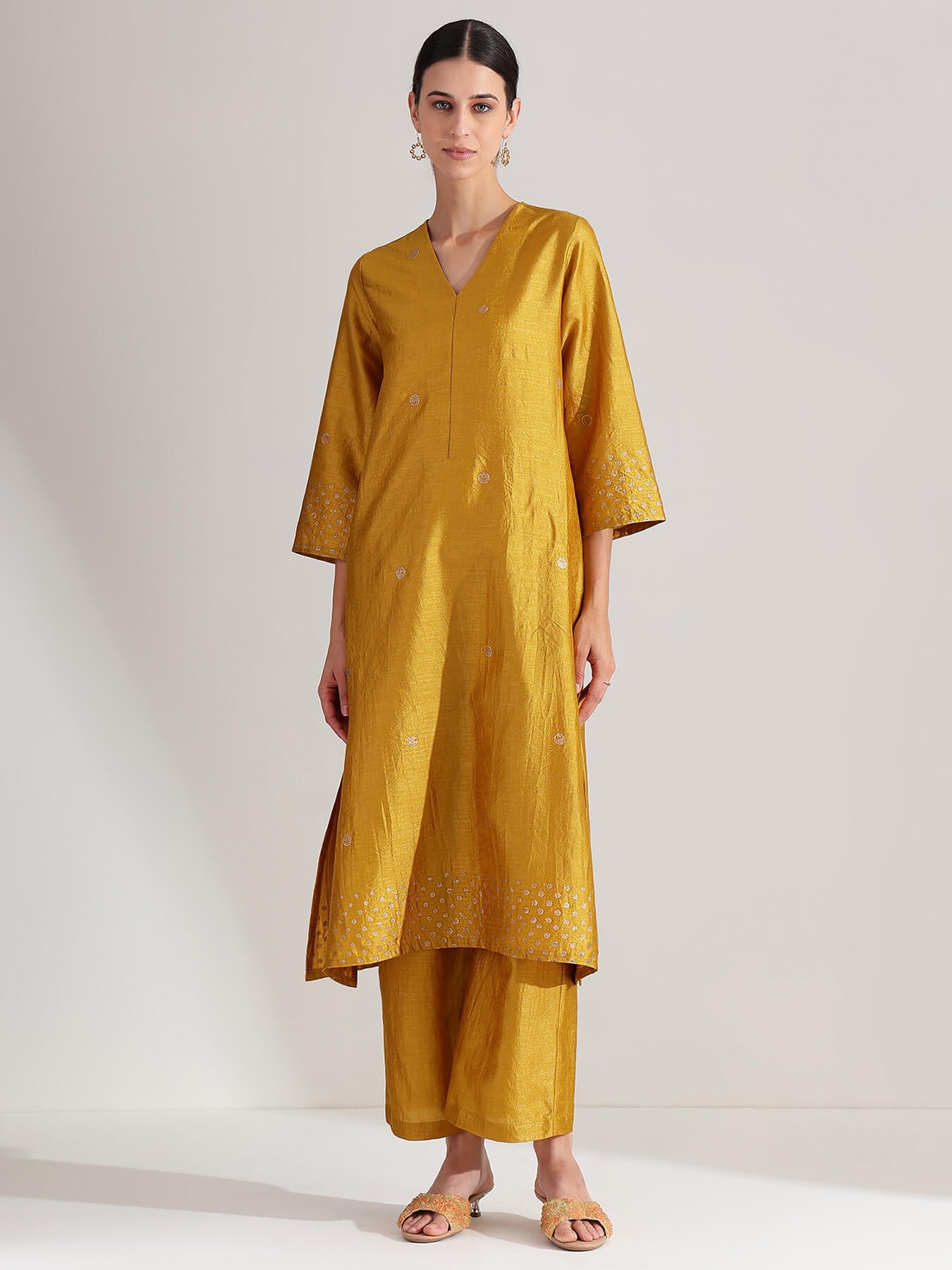 Silk Blend Polka Print A-Line Kurta Set - Mustard