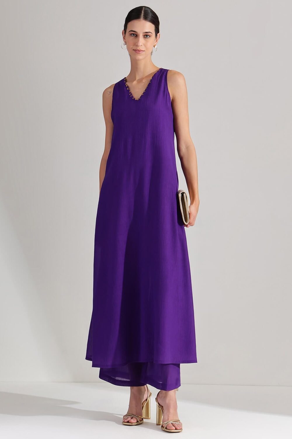 Chiffon V-Neck Sleevless Kurta Set - Purple