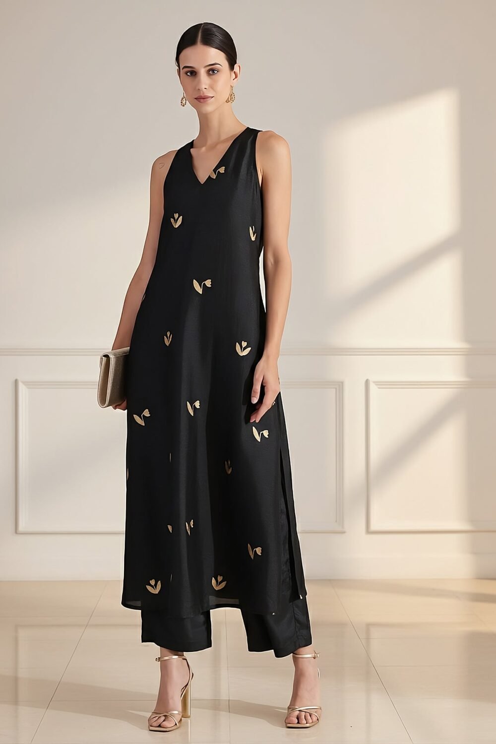 Silk Blend Ethnic Motif Sleeveless Kurta Set - Black