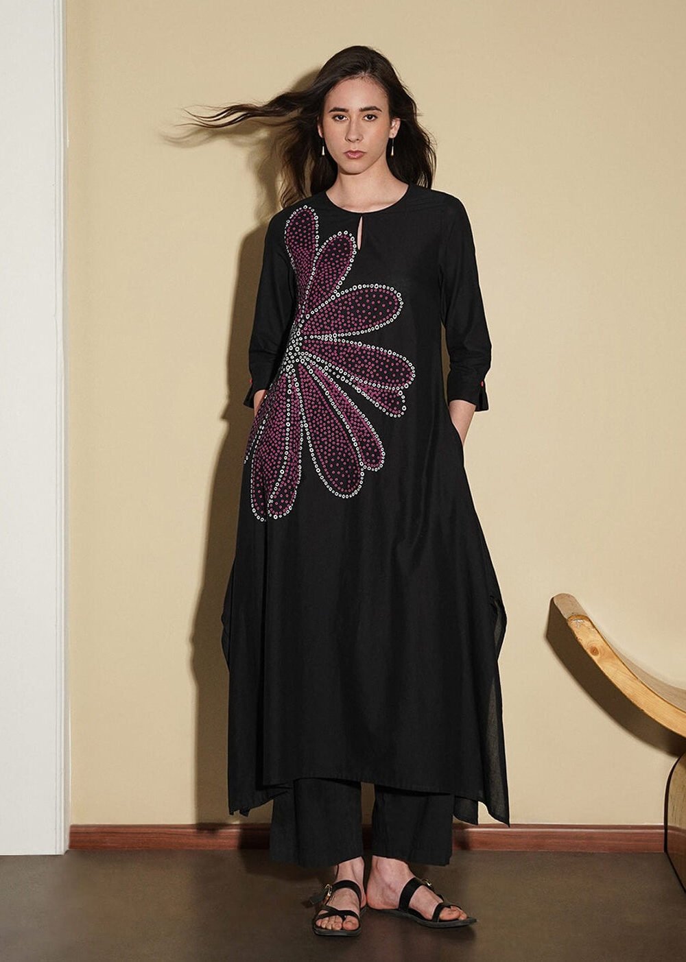 Cotton Bandhani Floral A-Line Kurta Set - Black