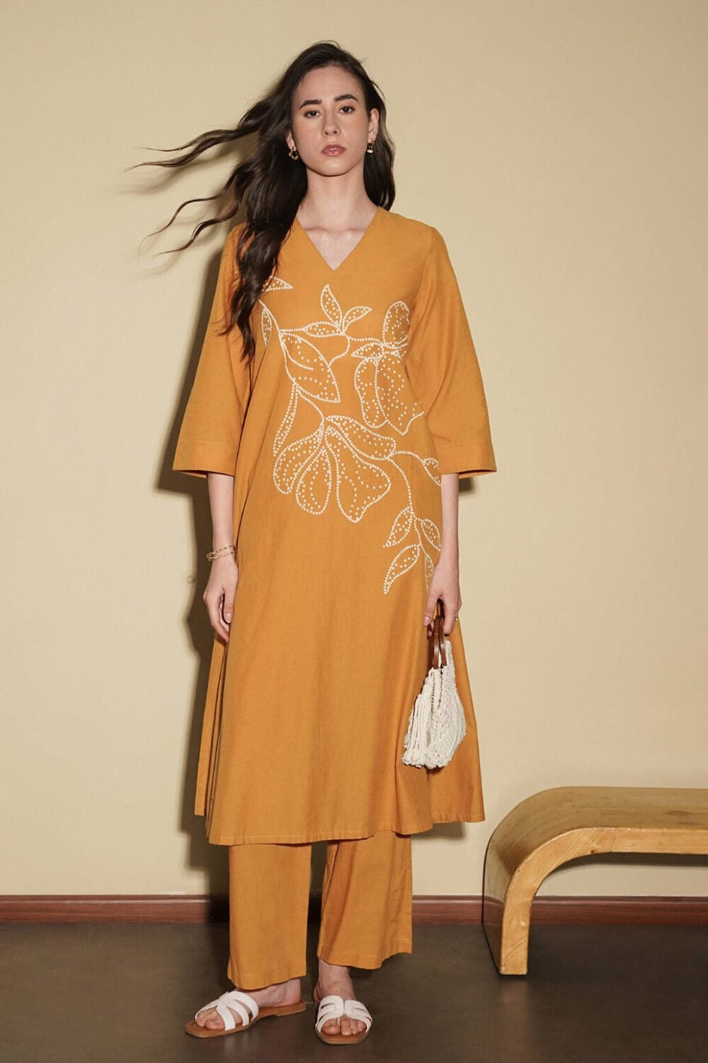Cotton Bandhani Floral A-Line Kurta Set - Mustard