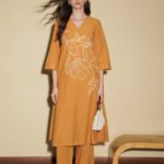 Cotton Bandhani Floral A-Line Kurta Set - Mustard