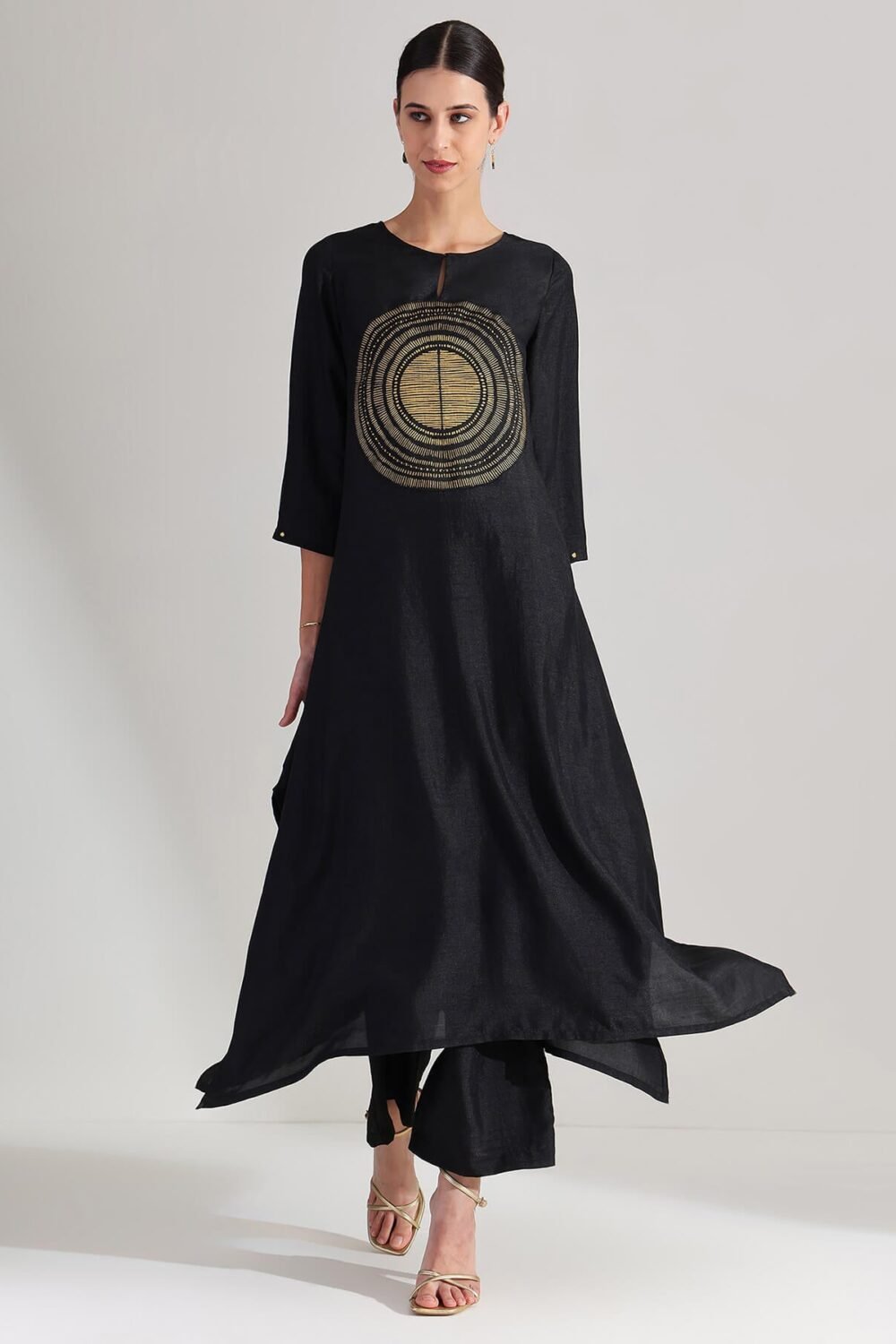Silk Gold Statement Print Kurta Set - Black