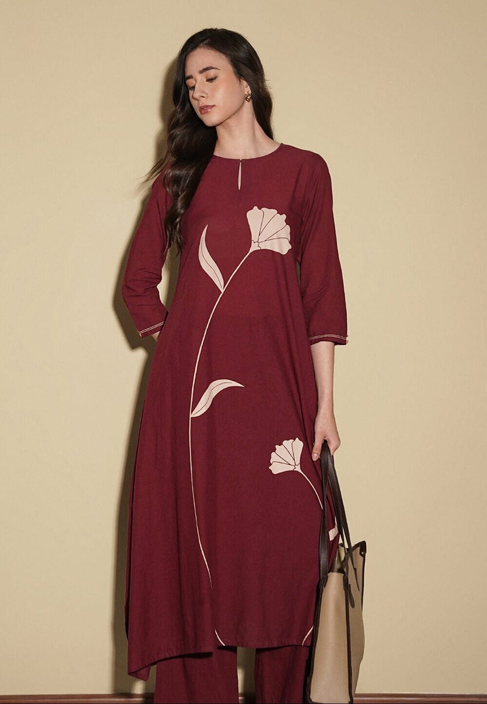 Cotton Floral A-Line Kurta Set - Maroon