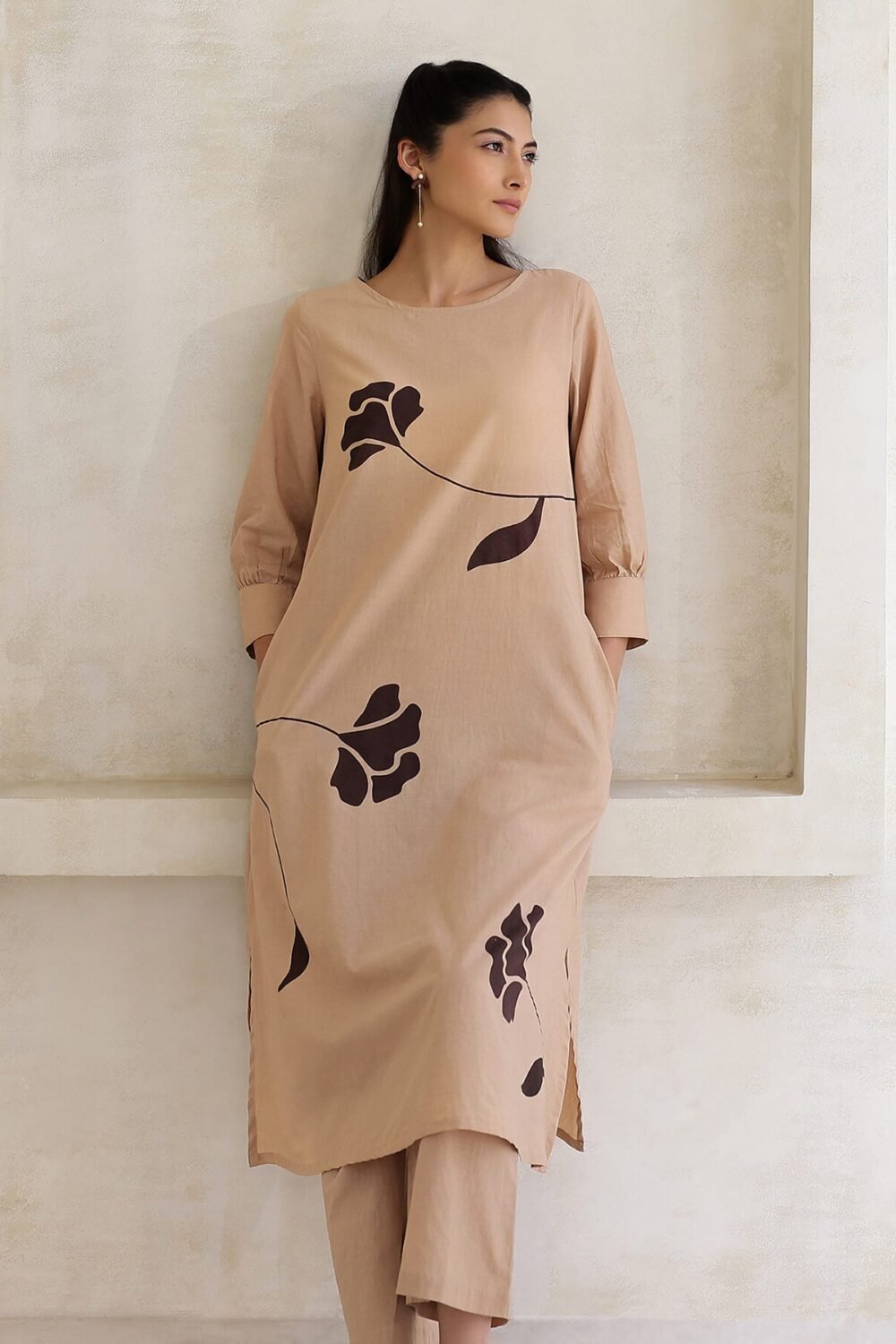 Cotton Floral A-Line Kurta Set - Beige