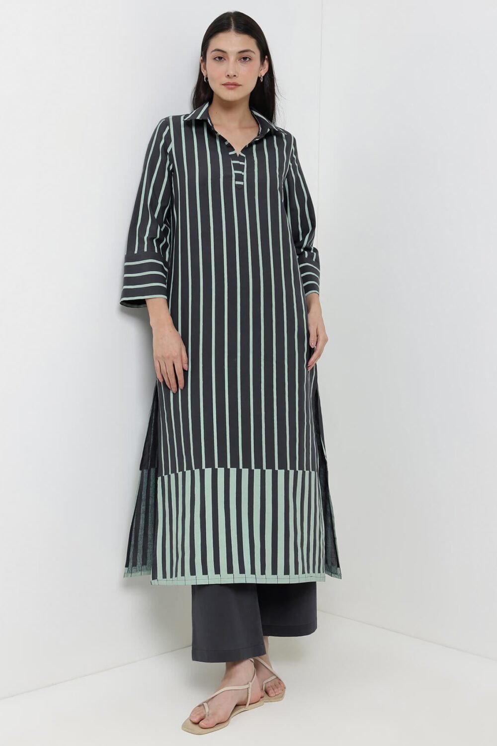 Cotton Striped A-Line Kurta Set - Grey