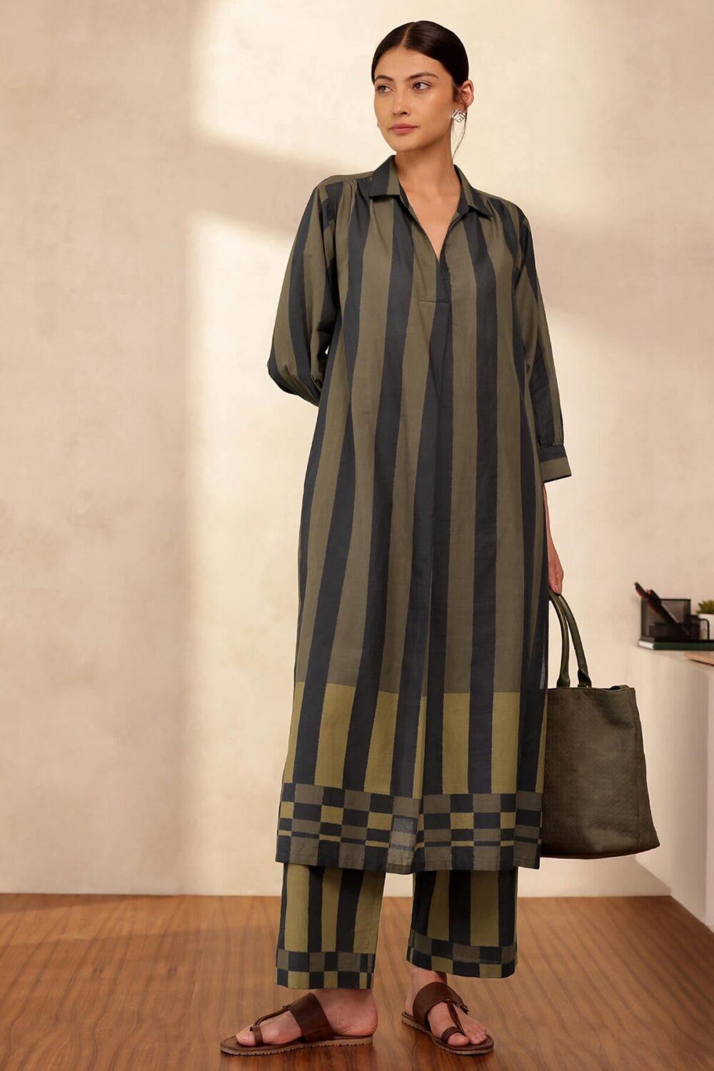 Cotton Striped A-Line Kurta Set - Black & Olive