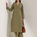Cotton Colourblock A-Line Kurta Set - Green