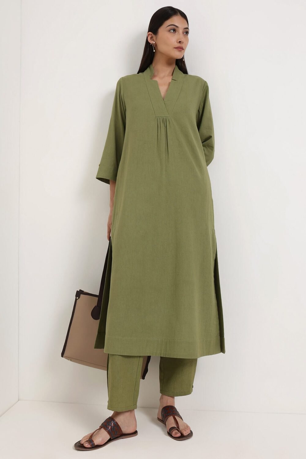 Linen Blend Solid A-Line Kurta Set - Green