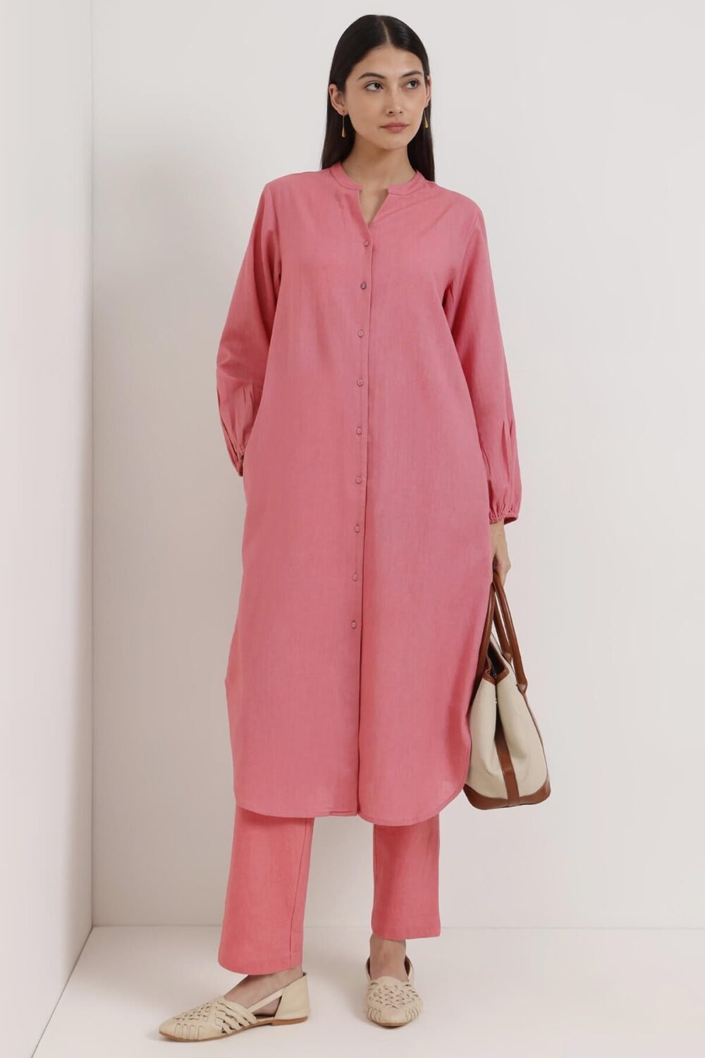 Linen Blend Solid A-Line Kurta Set - Pink