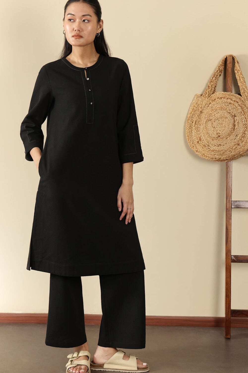 Linen Blend Solid A-Line Kurta Set - Black