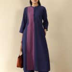 Linen Blend Colourblock Kurta Set - Navy Blue