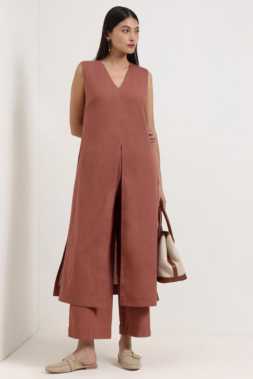 Linen Blend Solid A-Line Kurta Set - Rust