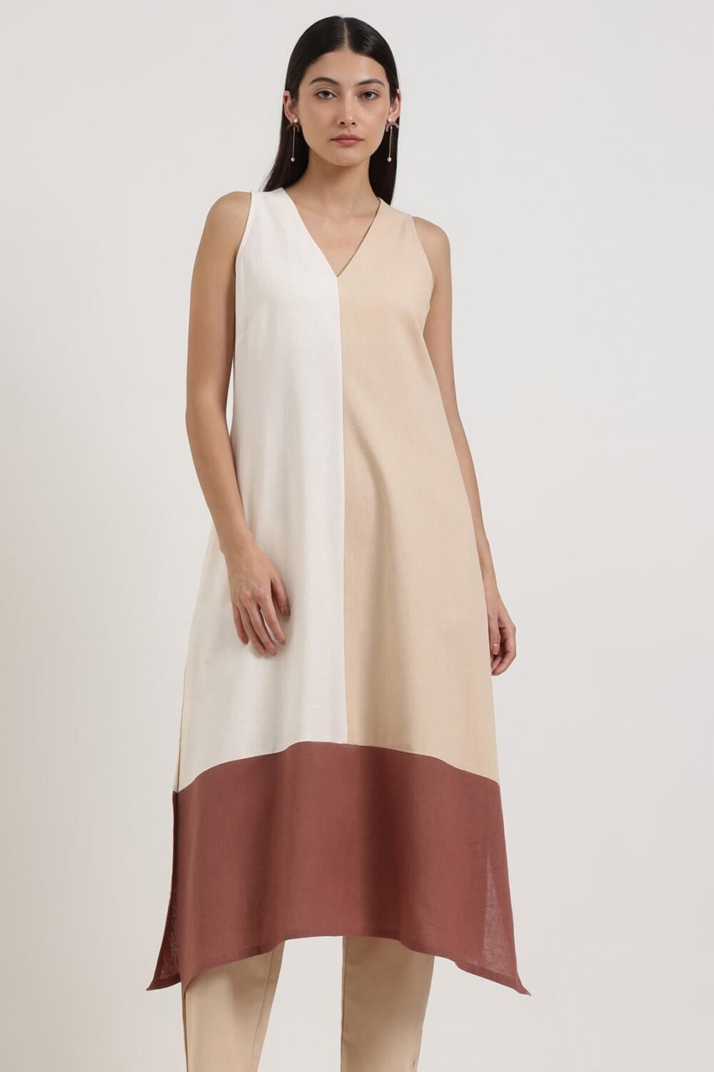 Linen Blend Colourblock Kurta Set - Beige and Bronze