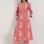 Cotton Floral V-Neck Kurta Set - Peach