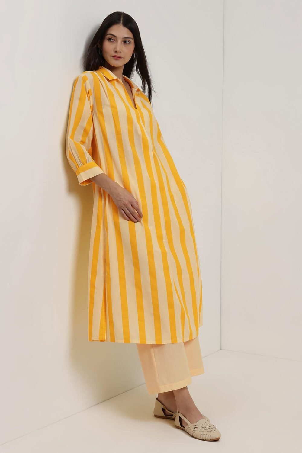 Cotton Striped Shirt Collar Kurta Set - Yellow