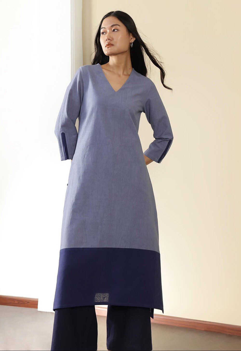 Linen Blend Colourblock A-Line Kurta Set - Blue