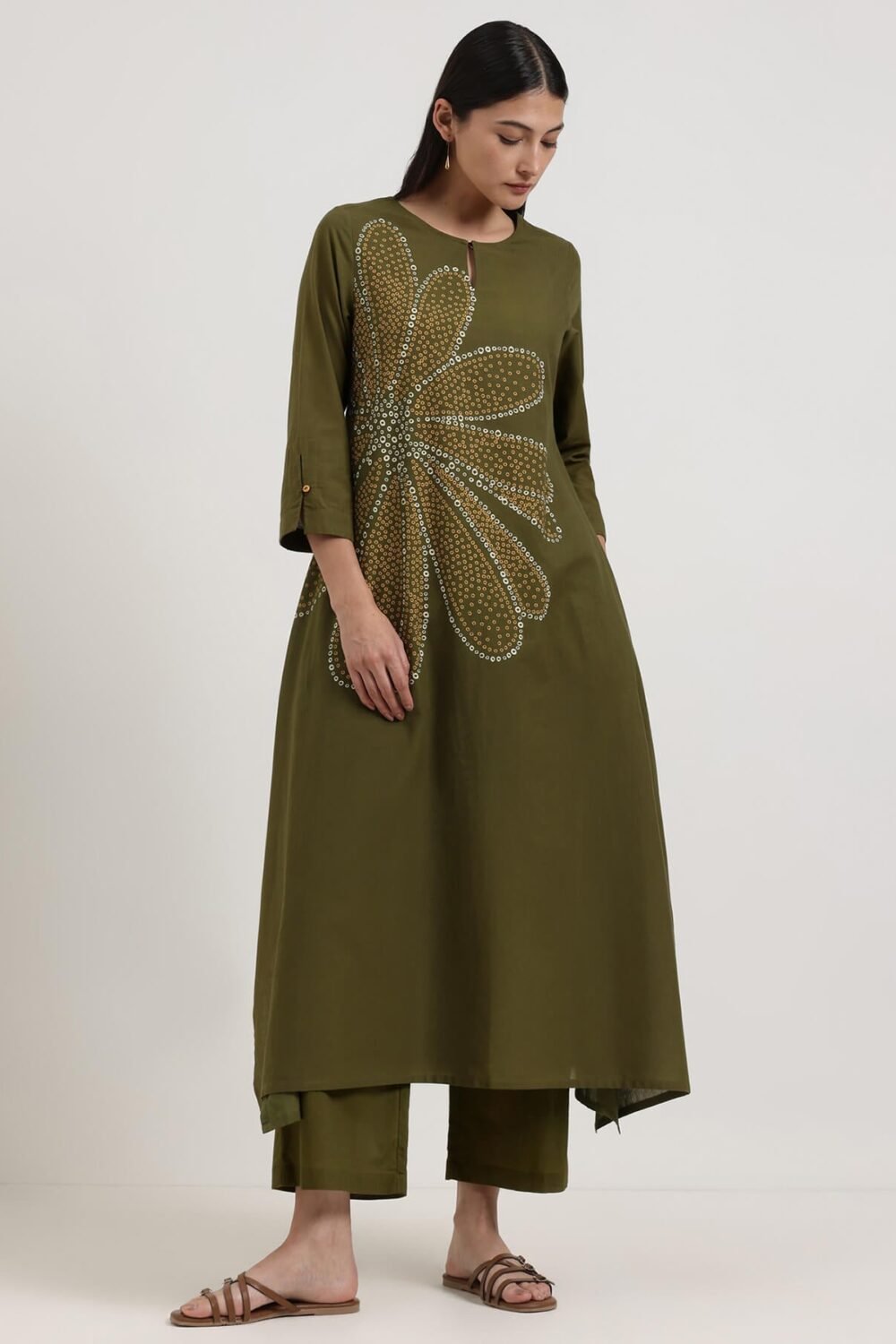 Cotton Bandhani-Inspired Print Kurta Set - Olive
