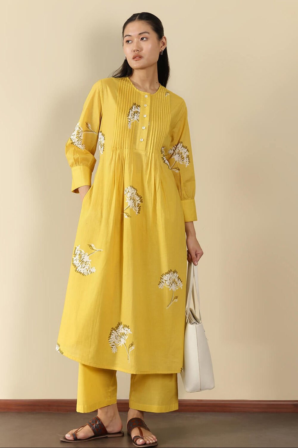 Cotton Floral A-Line Kurta Set - Yellow
