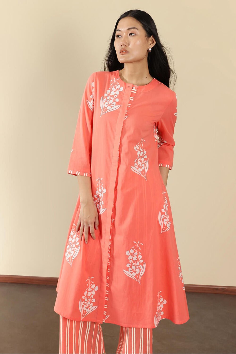 Cotton Floral Kurta Set - Peach