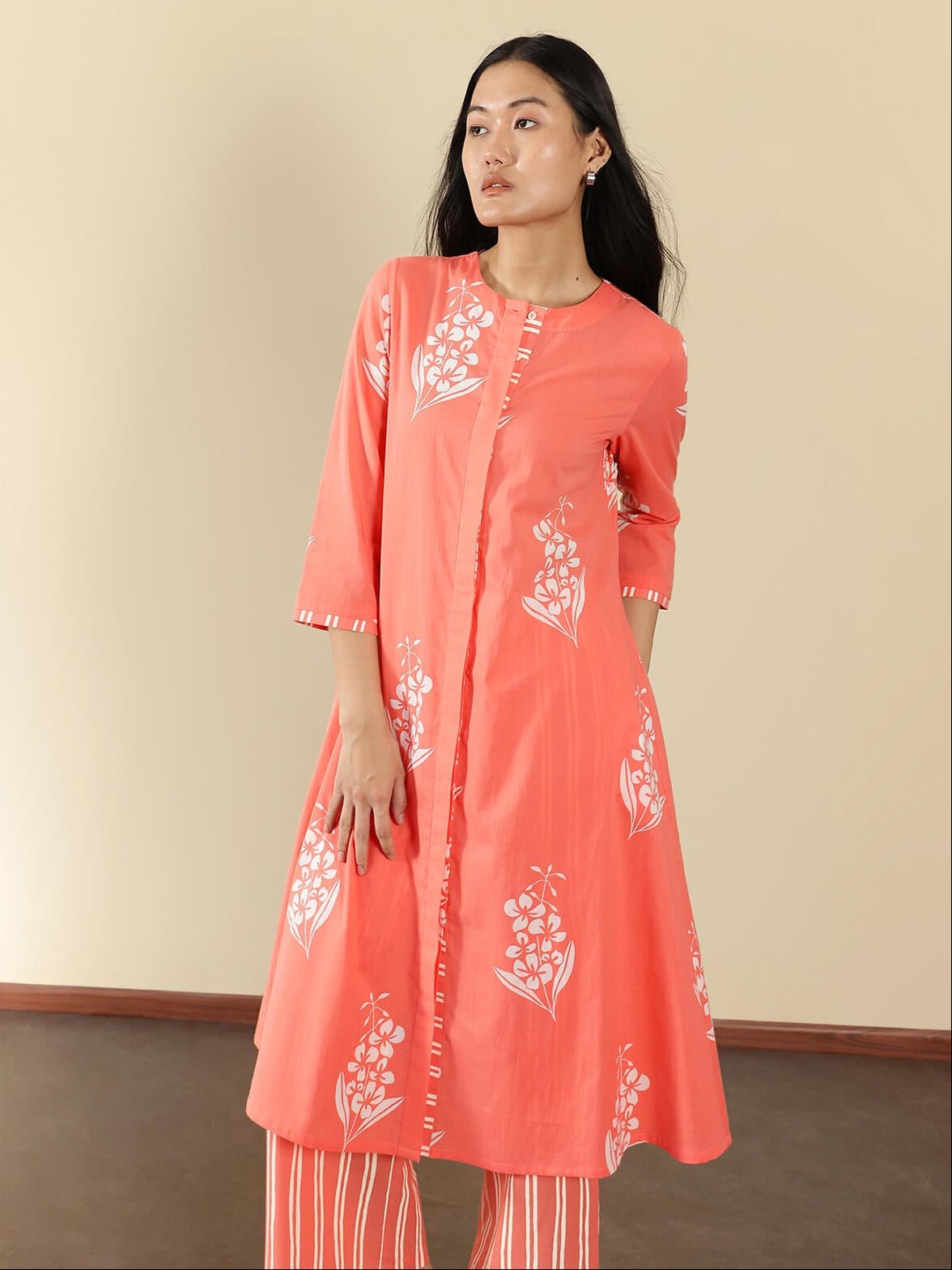 Cotton Floral Kurta Set - Peach