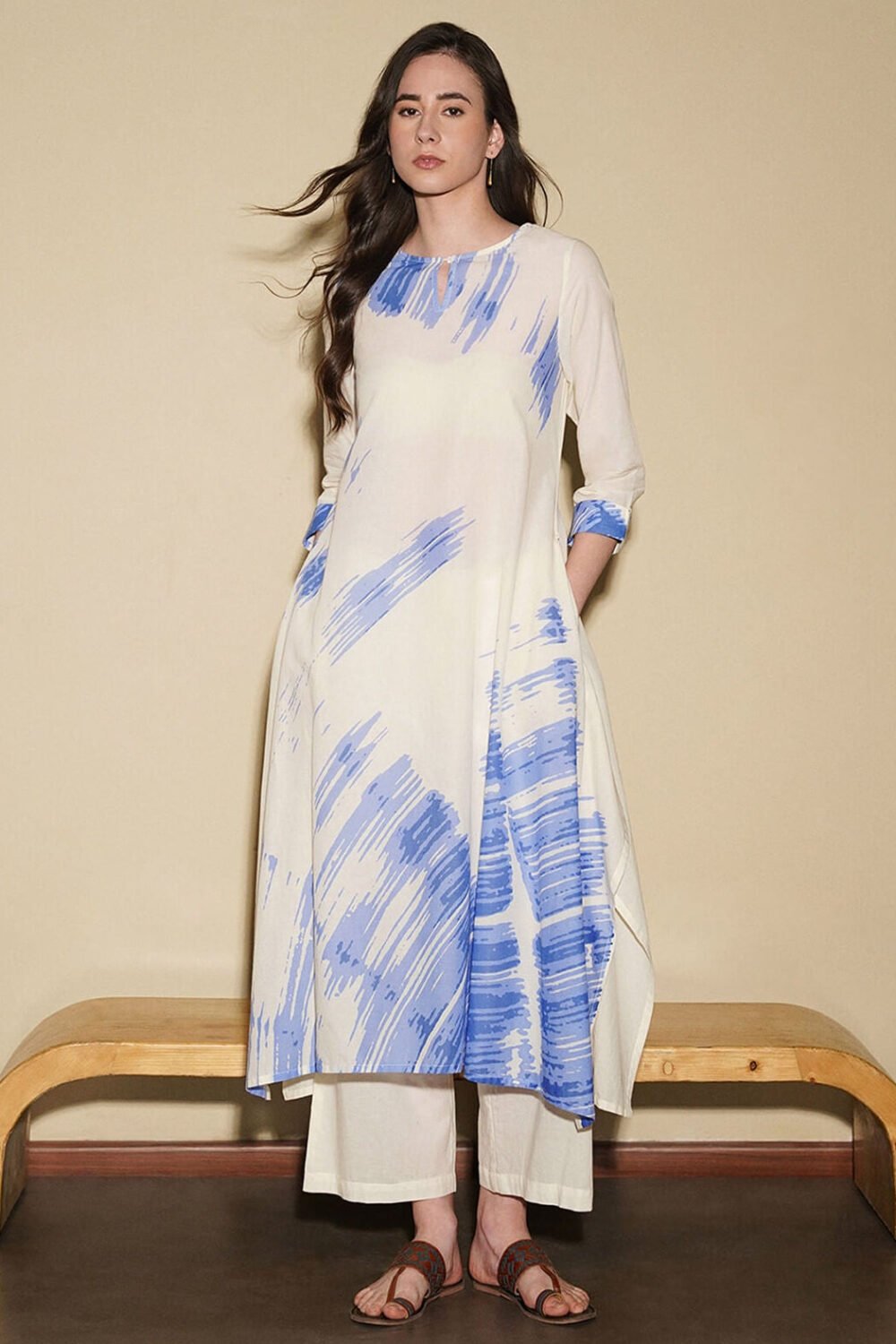 Cotton Abstract A-Line Kurta Set - Off White
