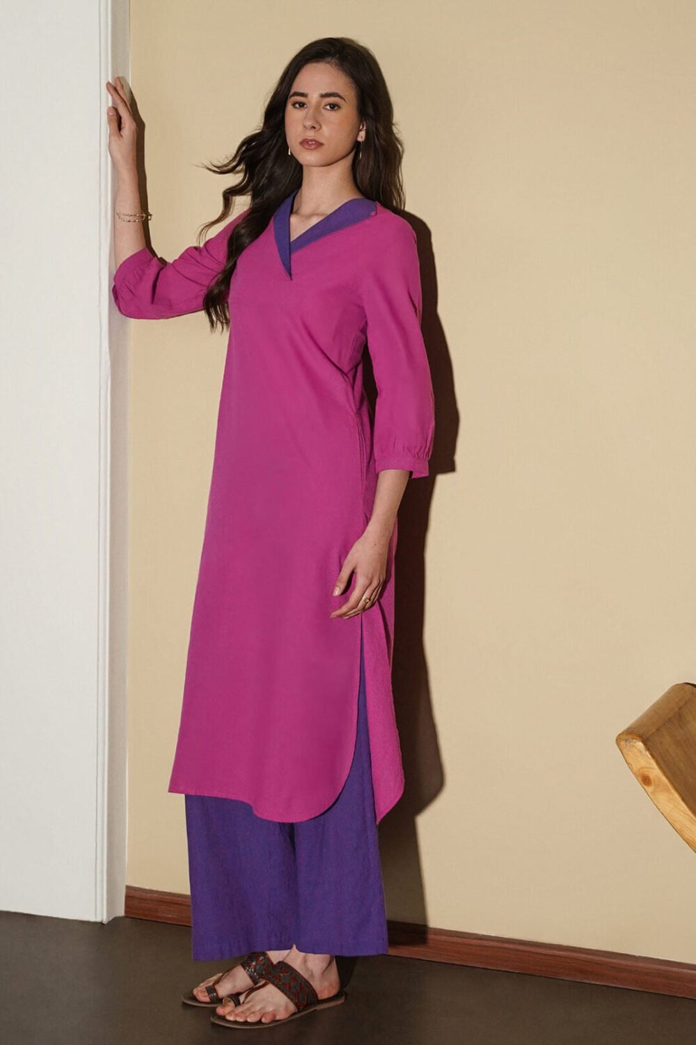 Cotton Colourblock Straight Kurta Set - Pink and Purple