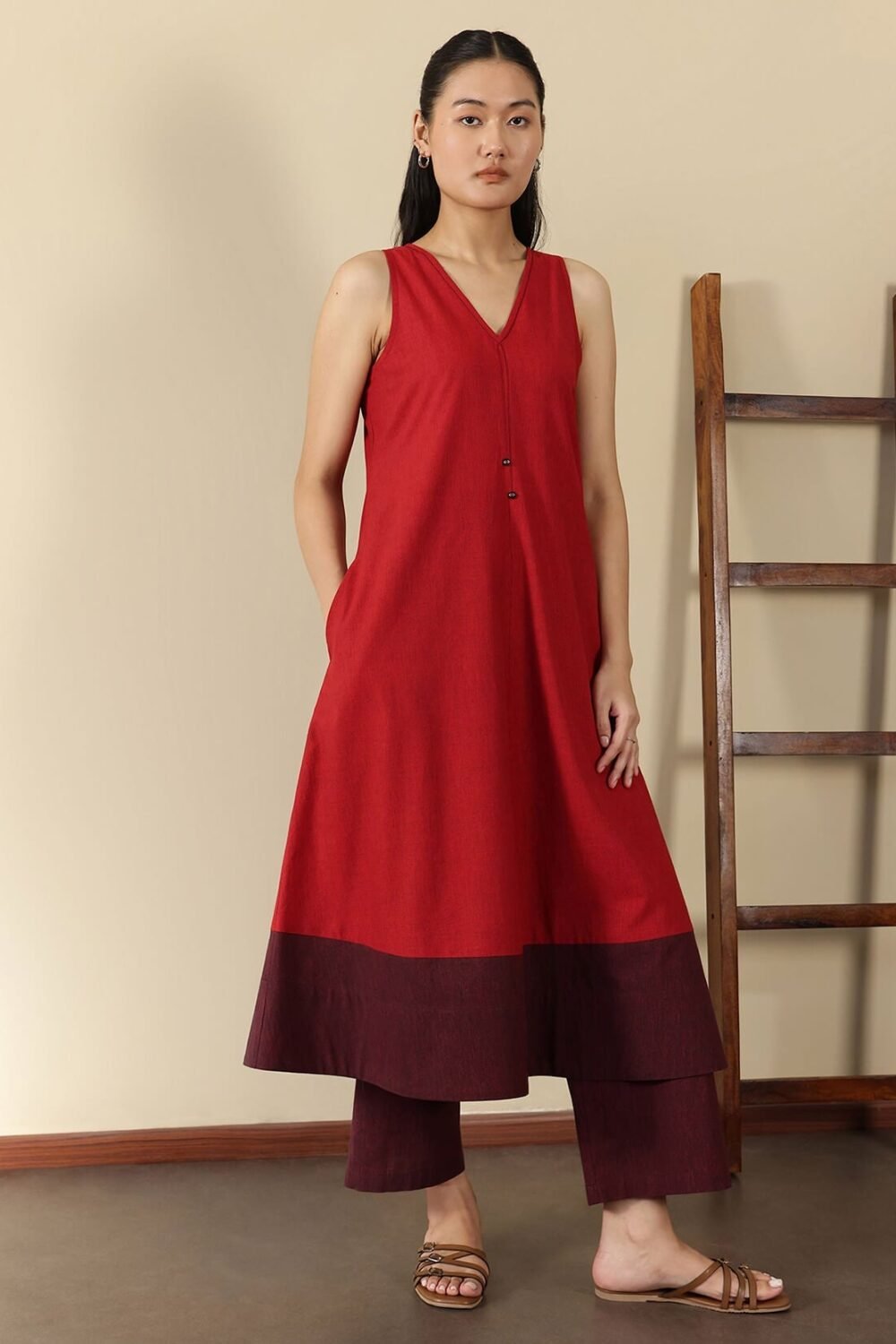 Cotton Colourblock A-Line Kurta Set - Red