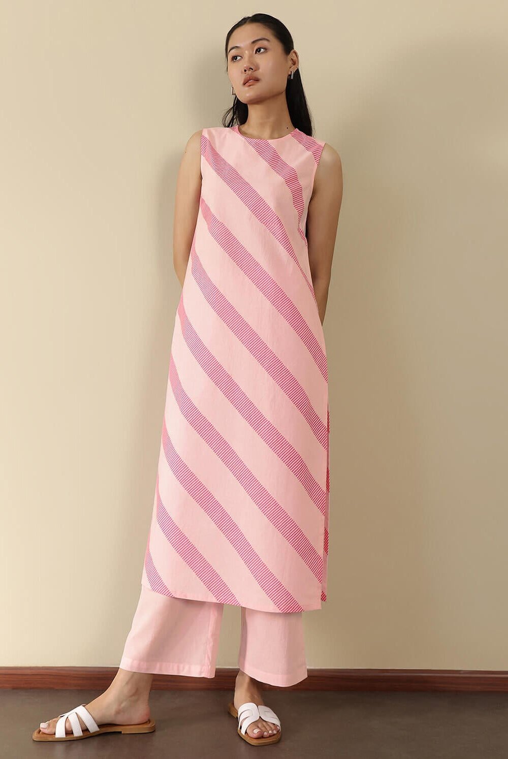Cotton Striped Round Neck Kurta Set - Pink