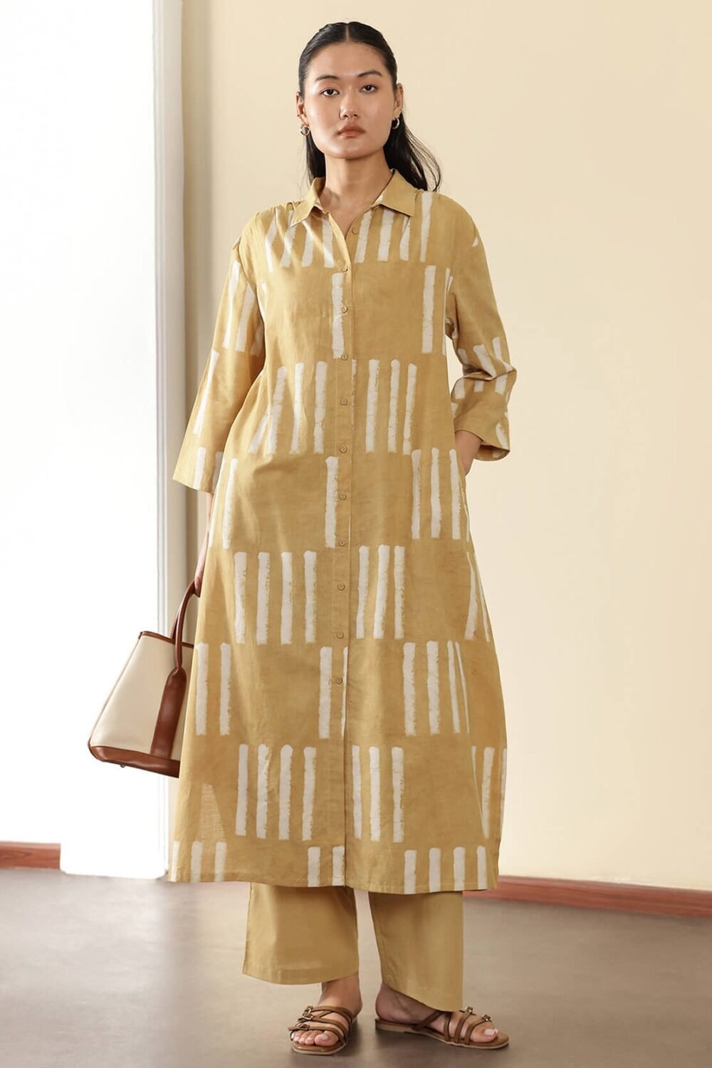Cotton Geometric Shirt Collar Kurta Set - Mustard