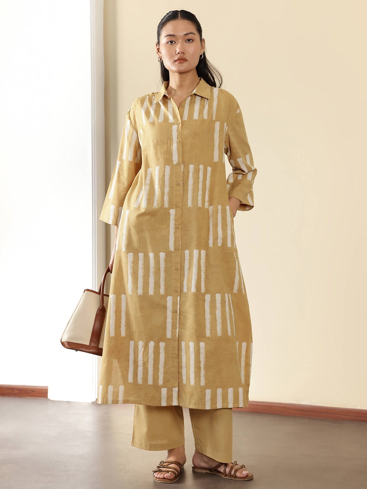 Cotton Geometric Shirt Collar Kurta Set - Mustard