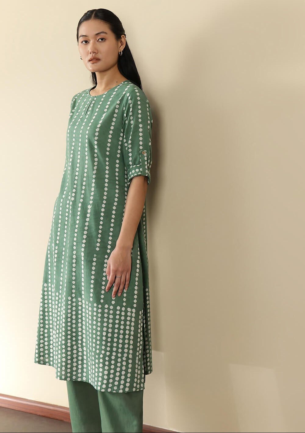 Cotton Dabu Polka Kurta Set - Green