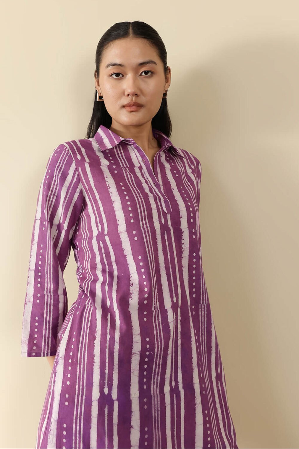 Cotton Dabu Striped Shirt Collar Kurta Set - Purple