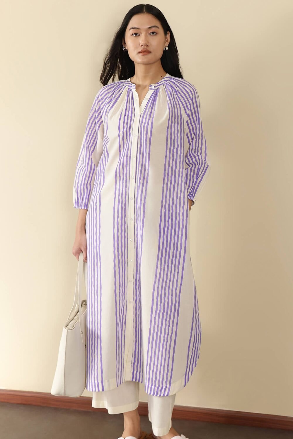 Cotton Striped Kurta Set - Off White and Lavender
