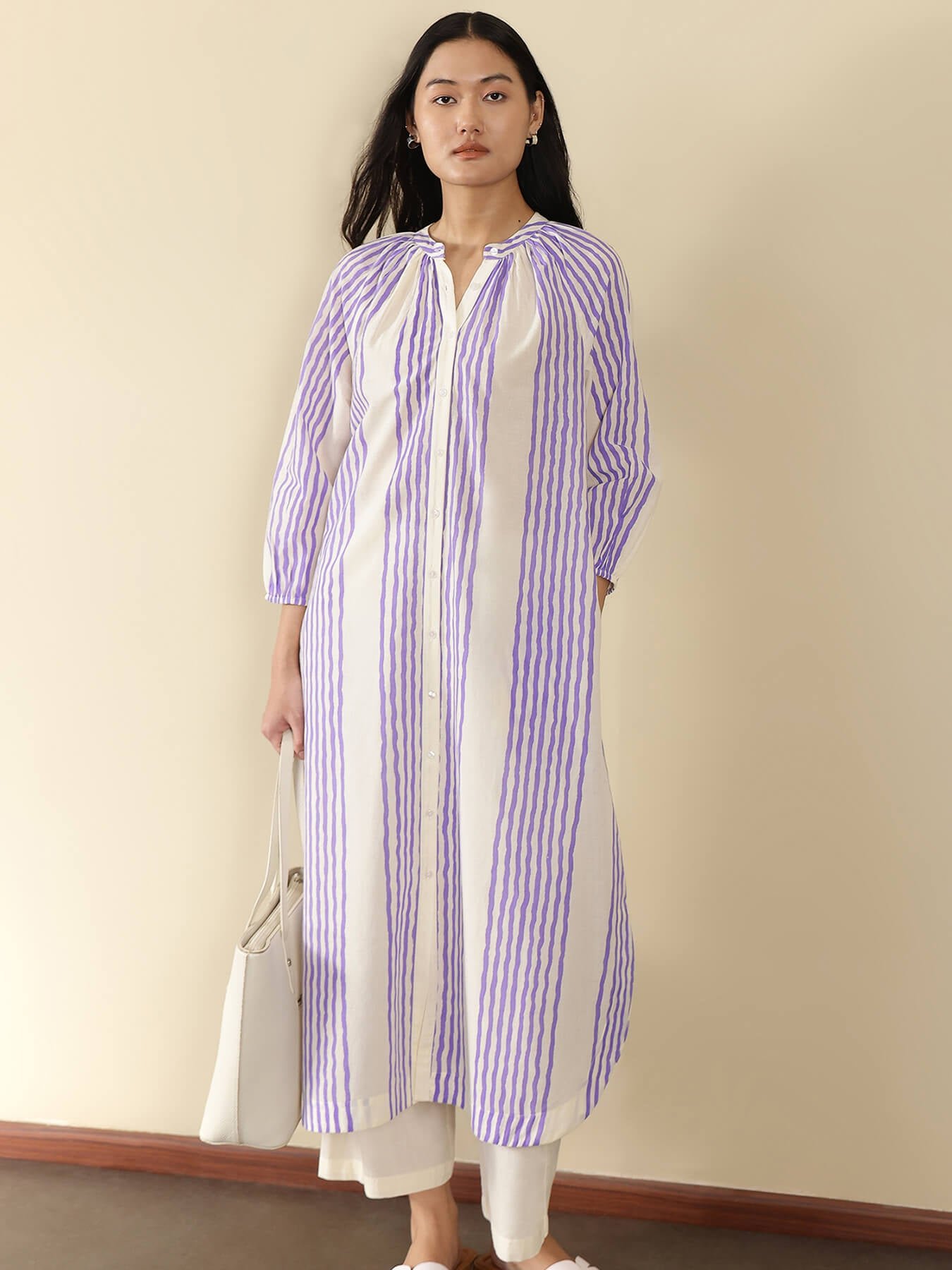 Cotton Striped Kurta Set - Off White and Lavender