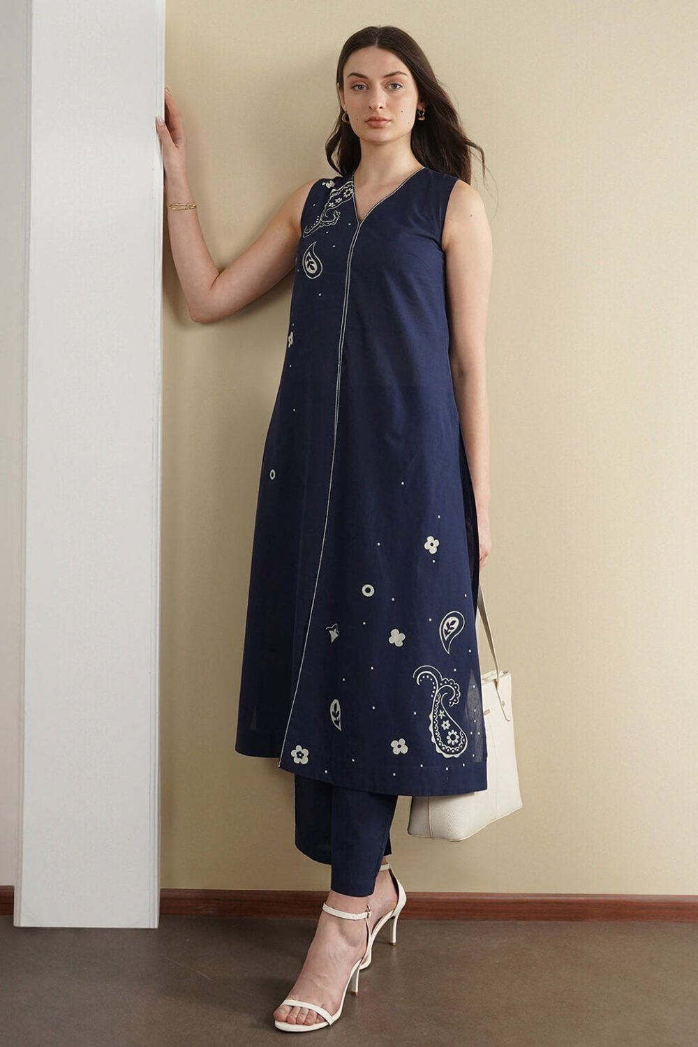Cotton Paisley A-Line Kurta Set - Navy Blue