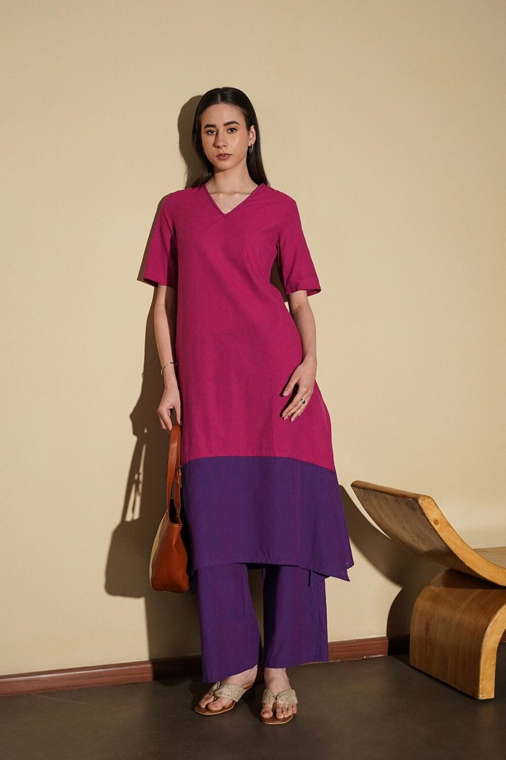 Cotton Solid Colourblock Kurta Set - Pink and Purple
