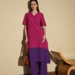 Cotton Solid Colourblock Kurta Set - Pink and Purple
