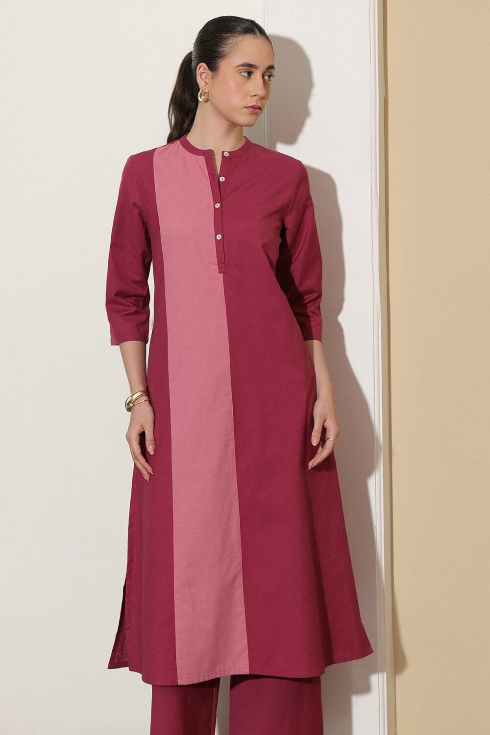 Linen Blend Straight Kurta Set - Purple and Pink