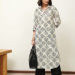 Cotton Geometric Shirt Collar Kurta Set - Off White