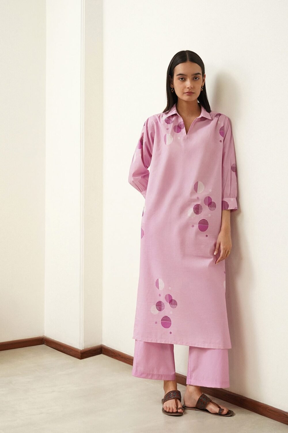 Cotton Polka Flared Kurta Set - Purple