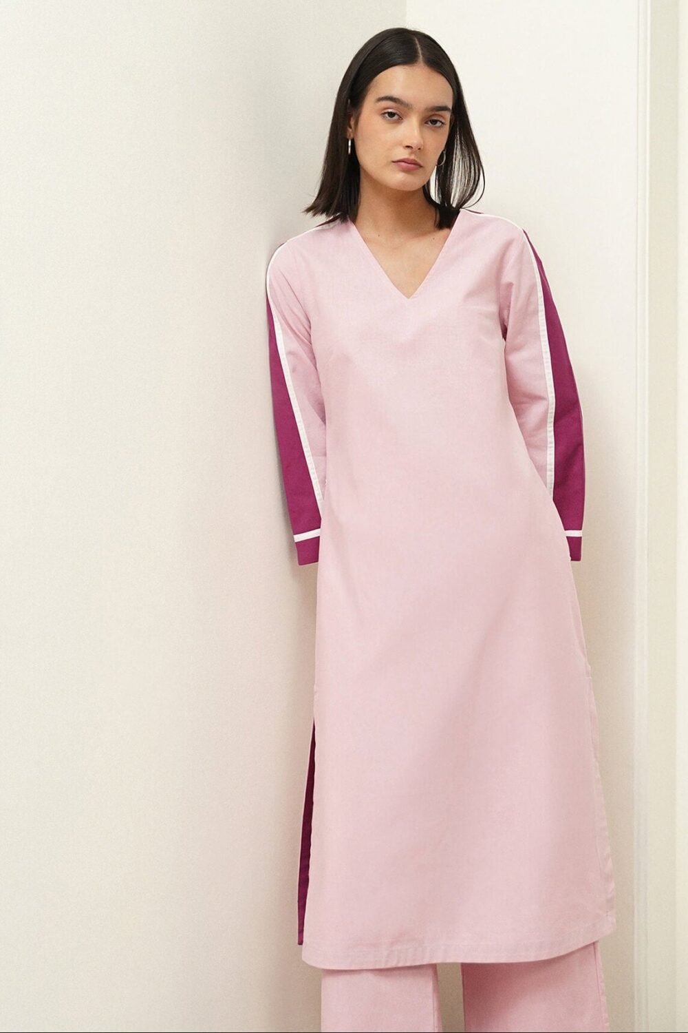 Linen Blend Colourblock Kurta Set - Pink